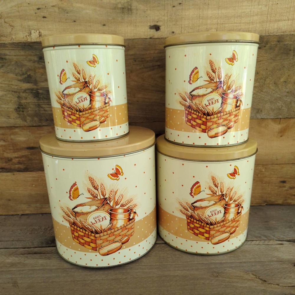 Vintage 1960s Cheinco Tin Wheat Canister Set / Four Canisters with Lids / Franco